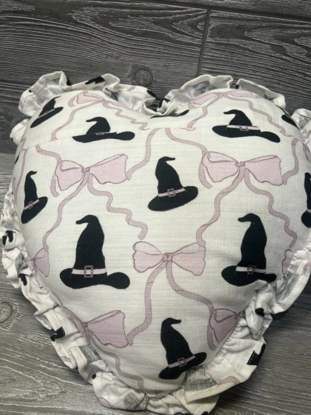 Heart Shaped Witch Hat and Bows Print Pillow Pink & Black Ruffle Trim 14”